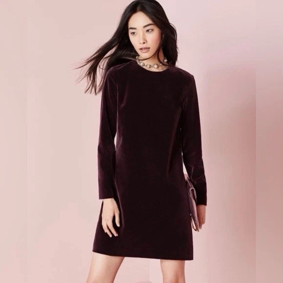 Theory Wynter Velvet Shift Dress Eggplant Xs Long Sleeve Holiday Mini